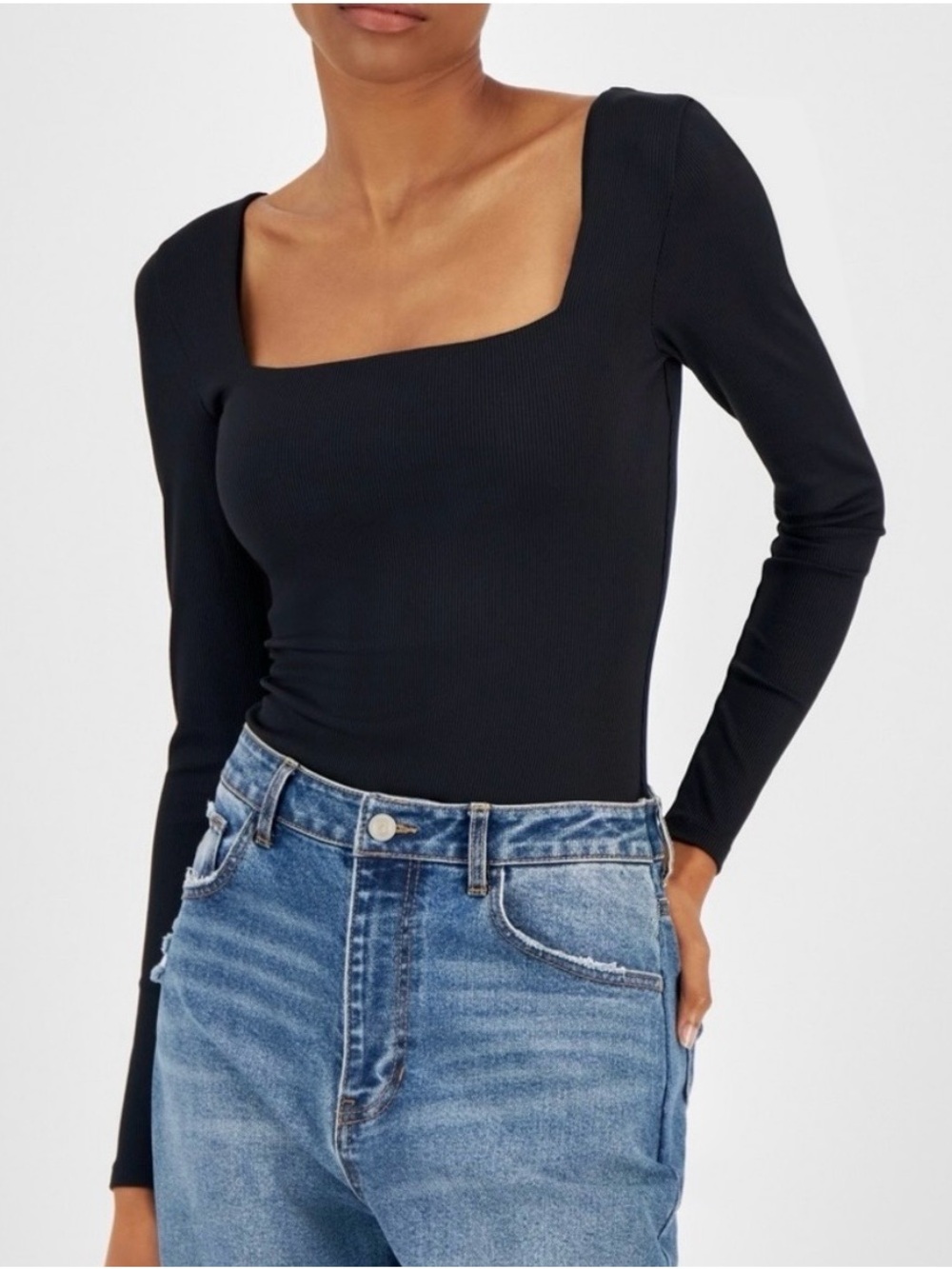 Square Neck Long Sleeve Ribbed Top - Black